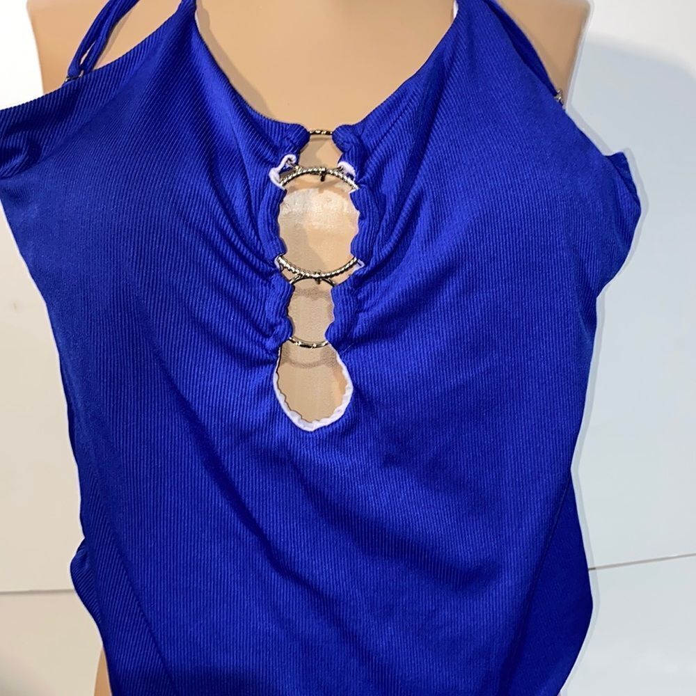 Shein Women's Blue Silver‎ O-Ring Crisscross Back One Piece Swimsuit Medium NWOT